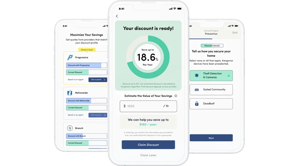 Insurance discount screens in the Kangaroo app