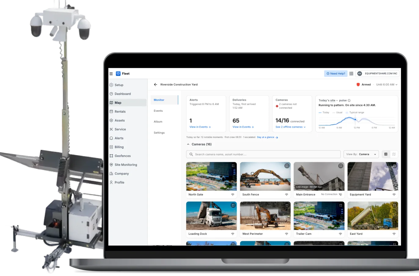 Site Surveillance camera tower and dashboard