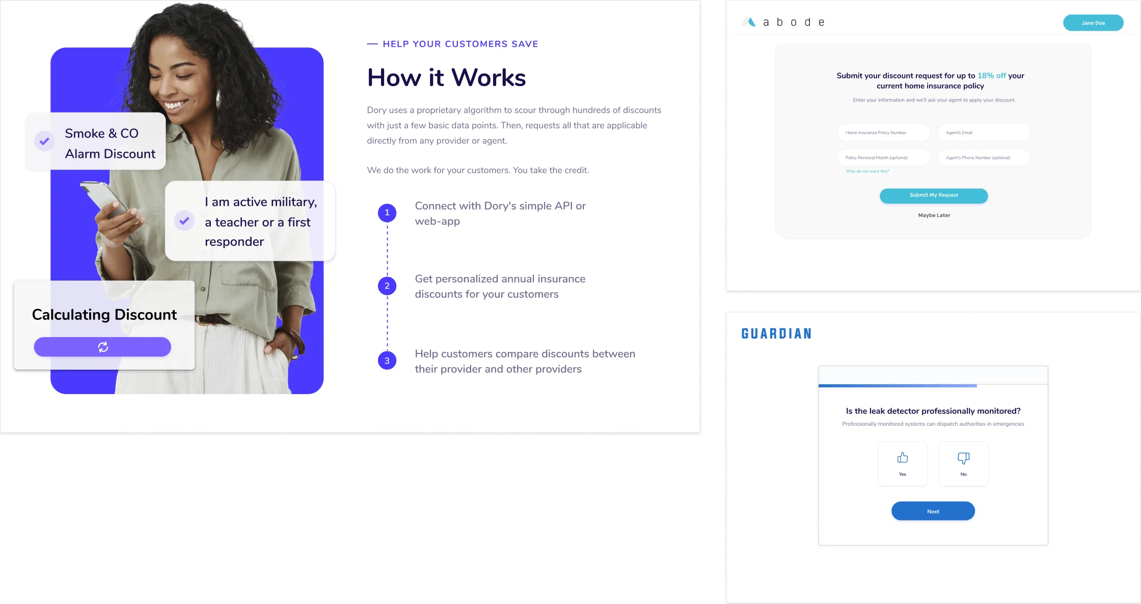 Dory’s How it Works page and two partner-branded discount request screens