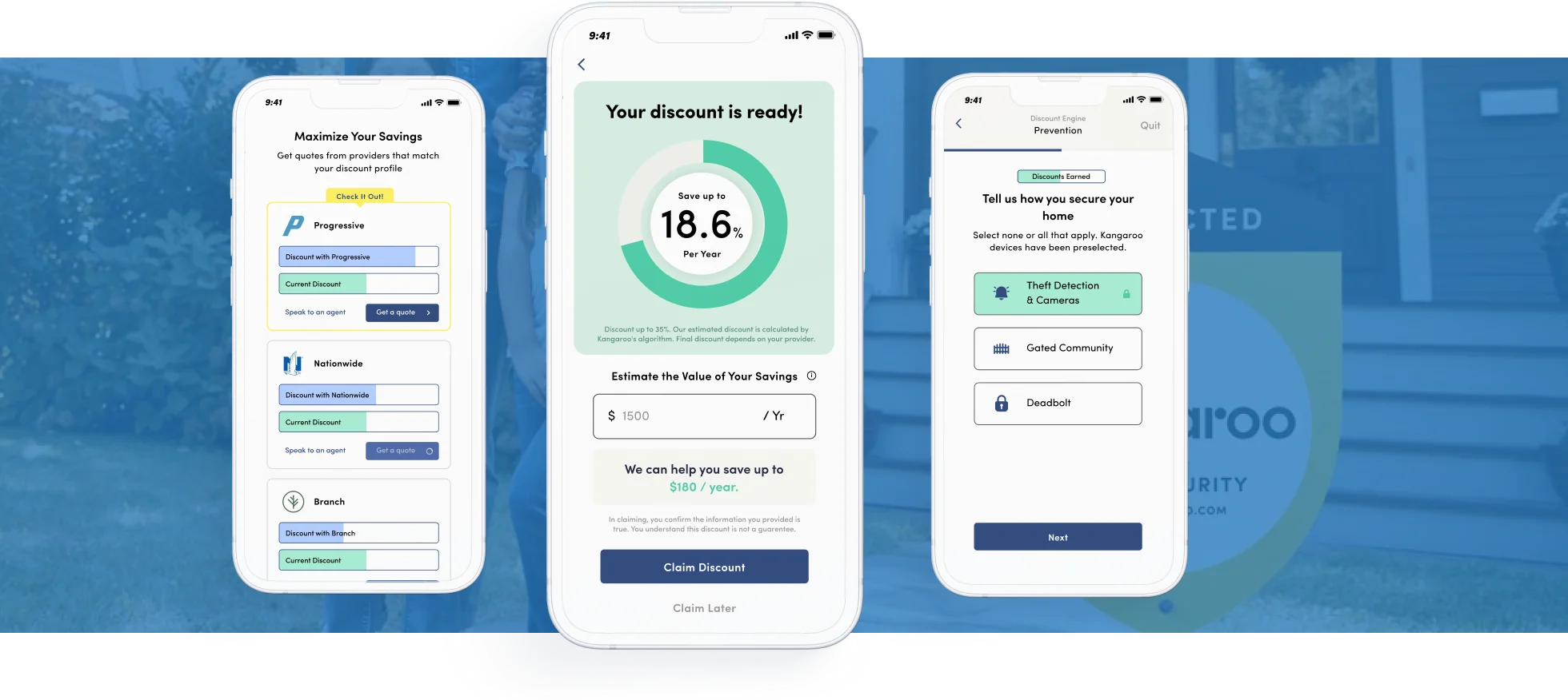 Three phone screens from the Insurance Discount Engine: savings by provider, a discount ready to claim, and a home security profile