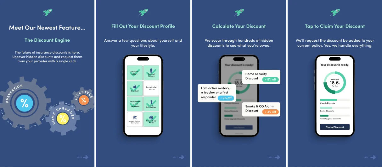 Four launch screens introducing the Insurance Discount Engine, filling out a discount profile, calculating a discount and claiming it