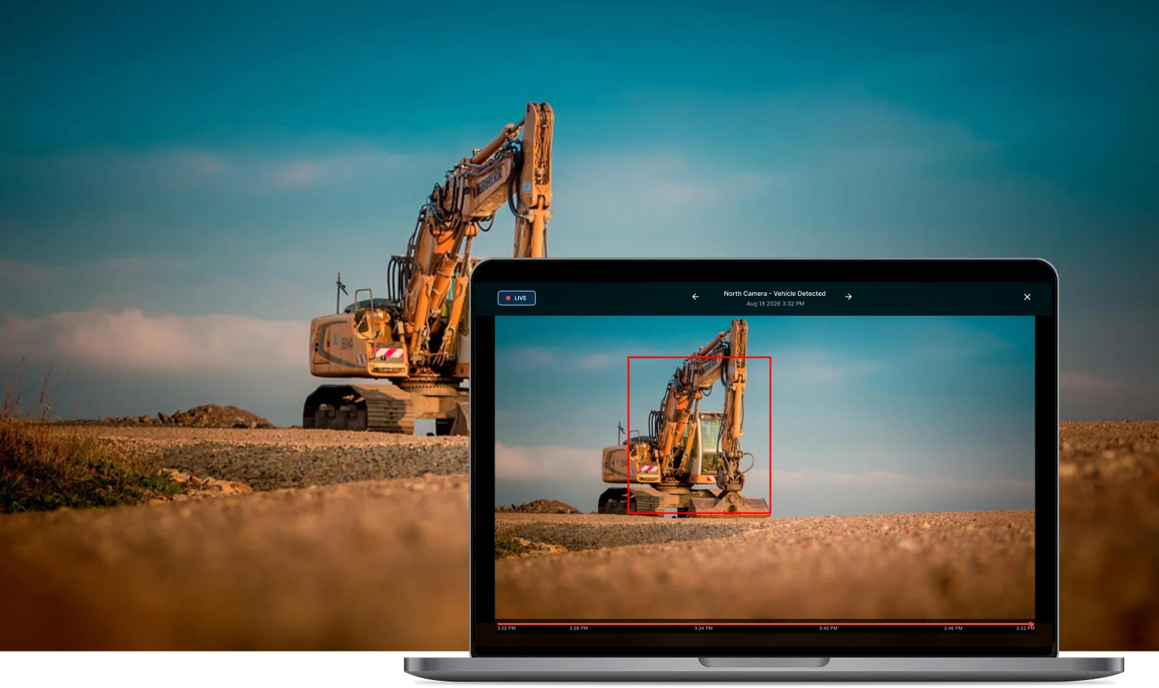 An excavator on a jobsite, and a laptop showing a camera view with the excavator detected